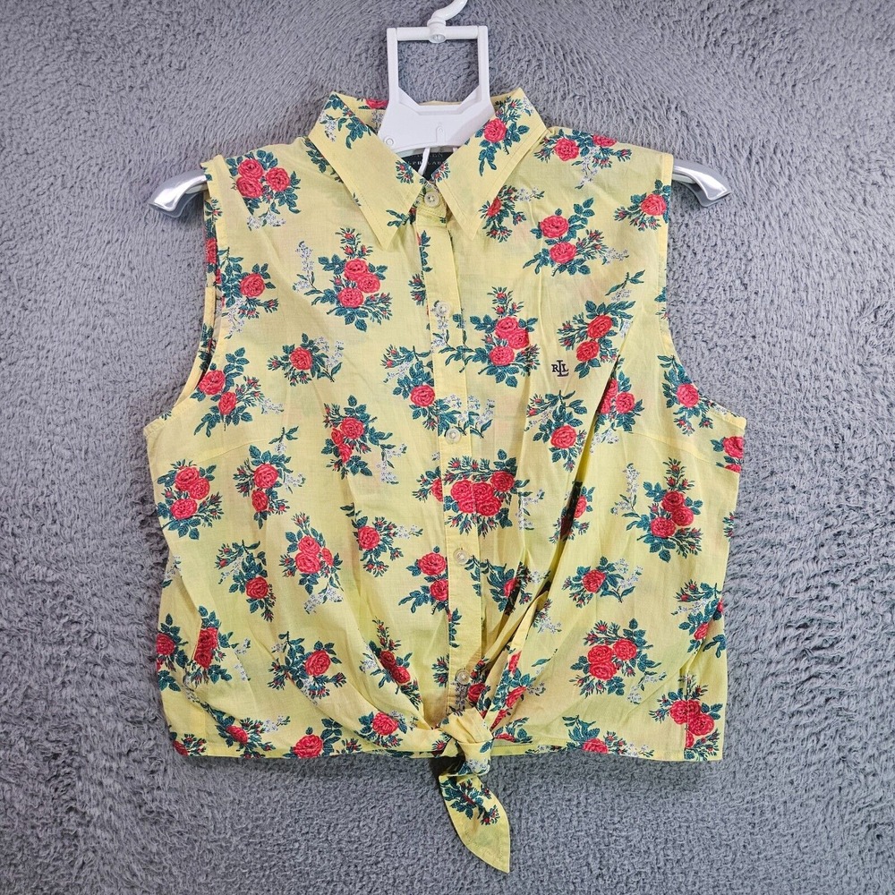 Lauren Ralph Lauren Sleeveless Shirt Top Women Large Floral Print Yellow - L